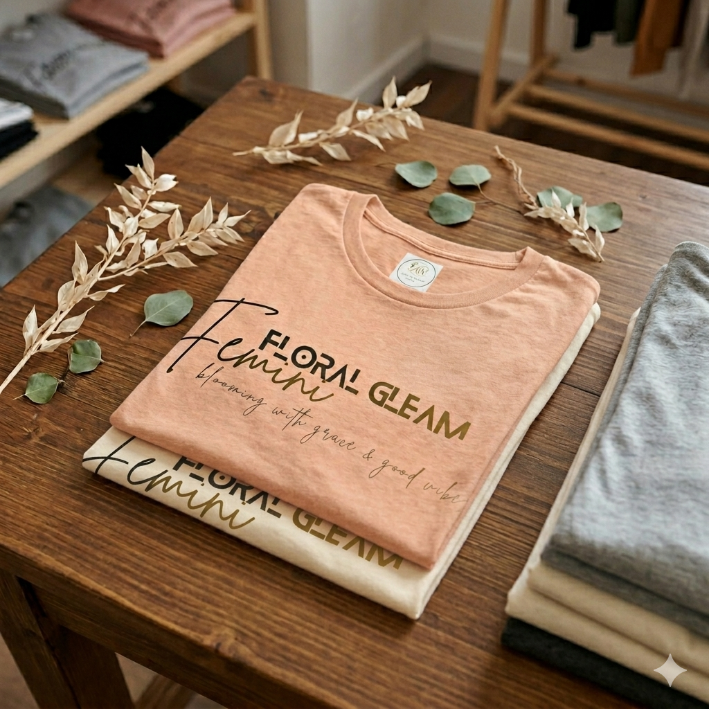 Folded t-shirt with 'Floral Gleam' text on a wooden table with decorative leaves.