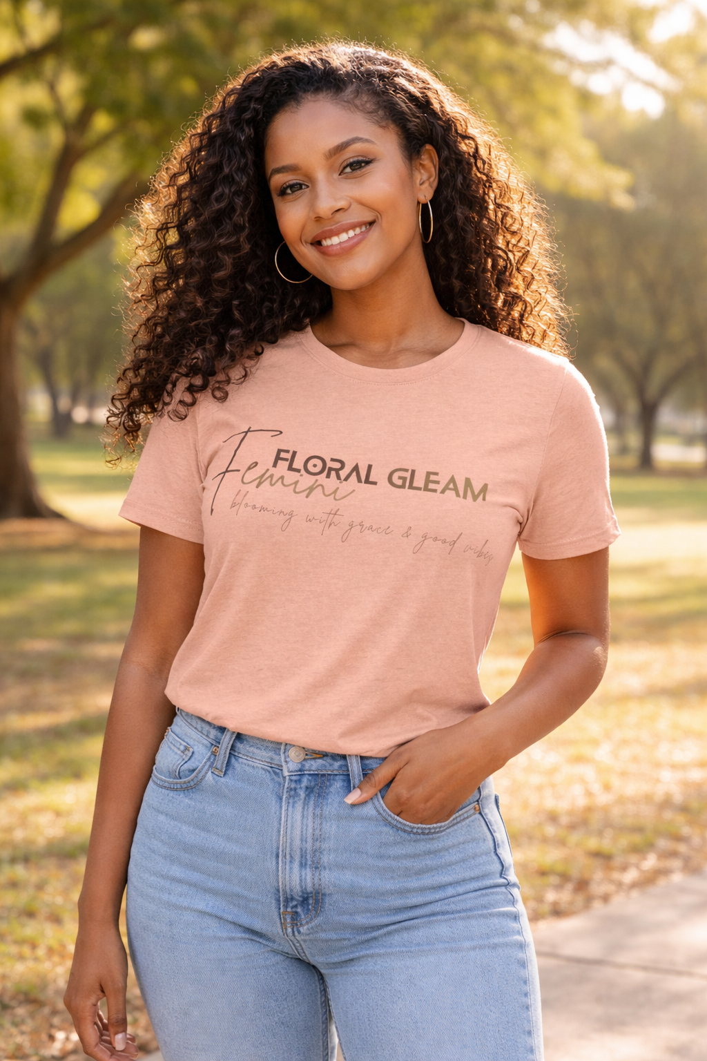 Woman wearing a peach t-shirt with text, standing outdoors in a park.